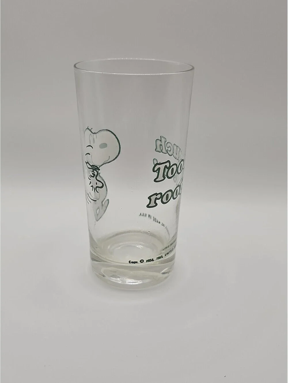 Vintage A&W Snoopy “Too Much Root Beer” Glass Green Outlined